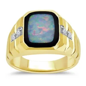 0.06 Cts Classic Groove Sides Onyx & Opal Mens Ring in 14K Yellow Gold-10.0