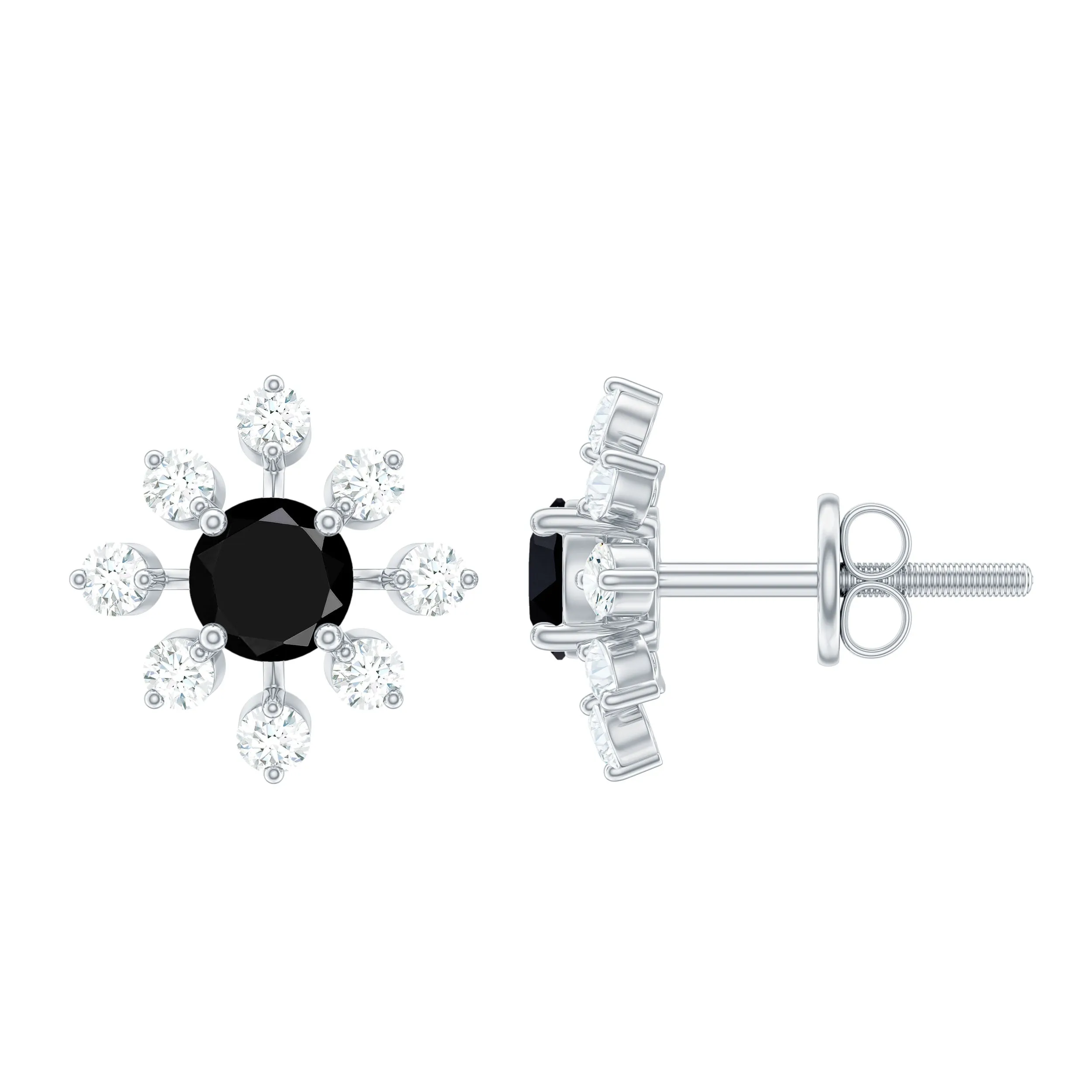 1 CT Black Onyx and Diamond Flower Stud Earrings