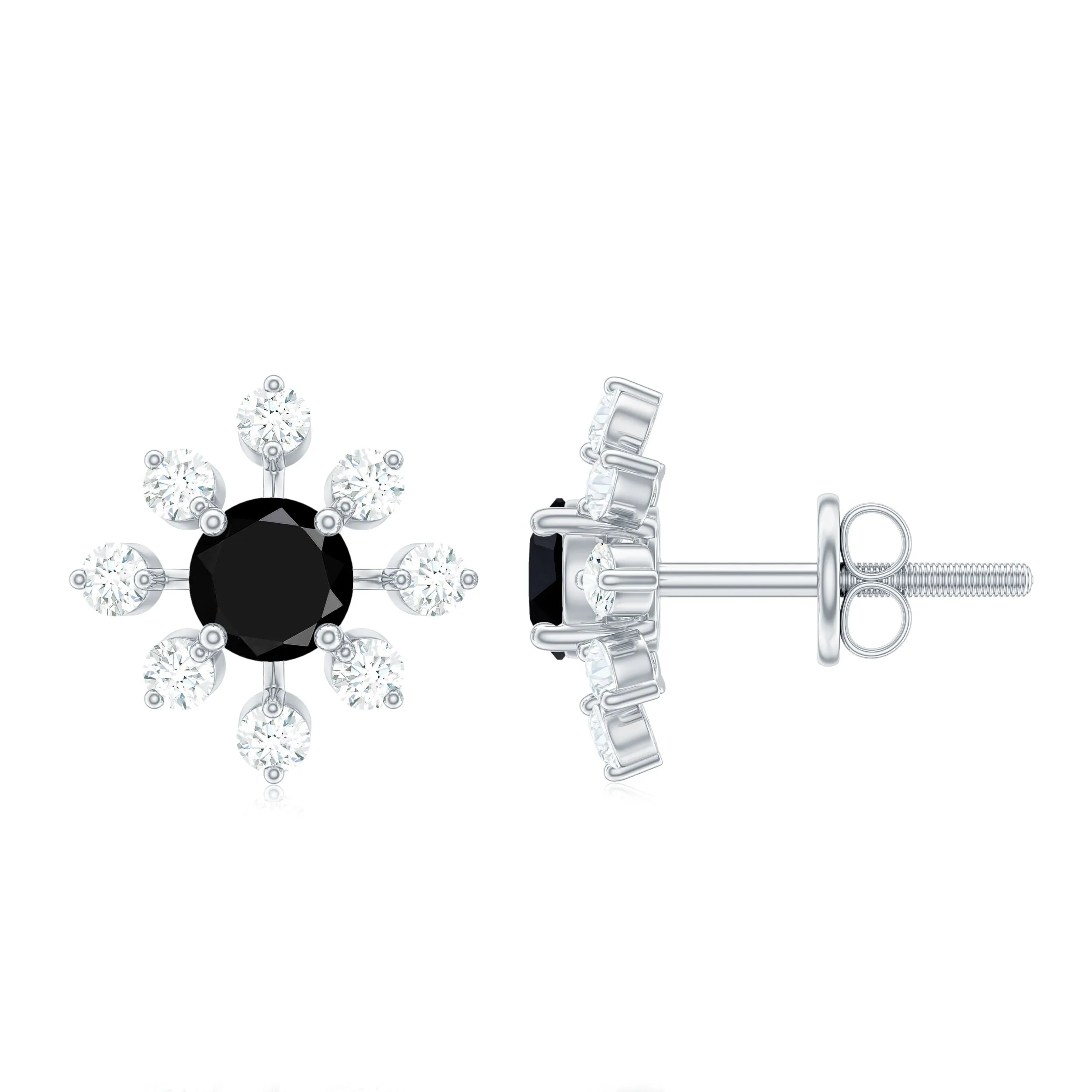 1 CT Black Onyx and Diamond Flower Stud Earrings