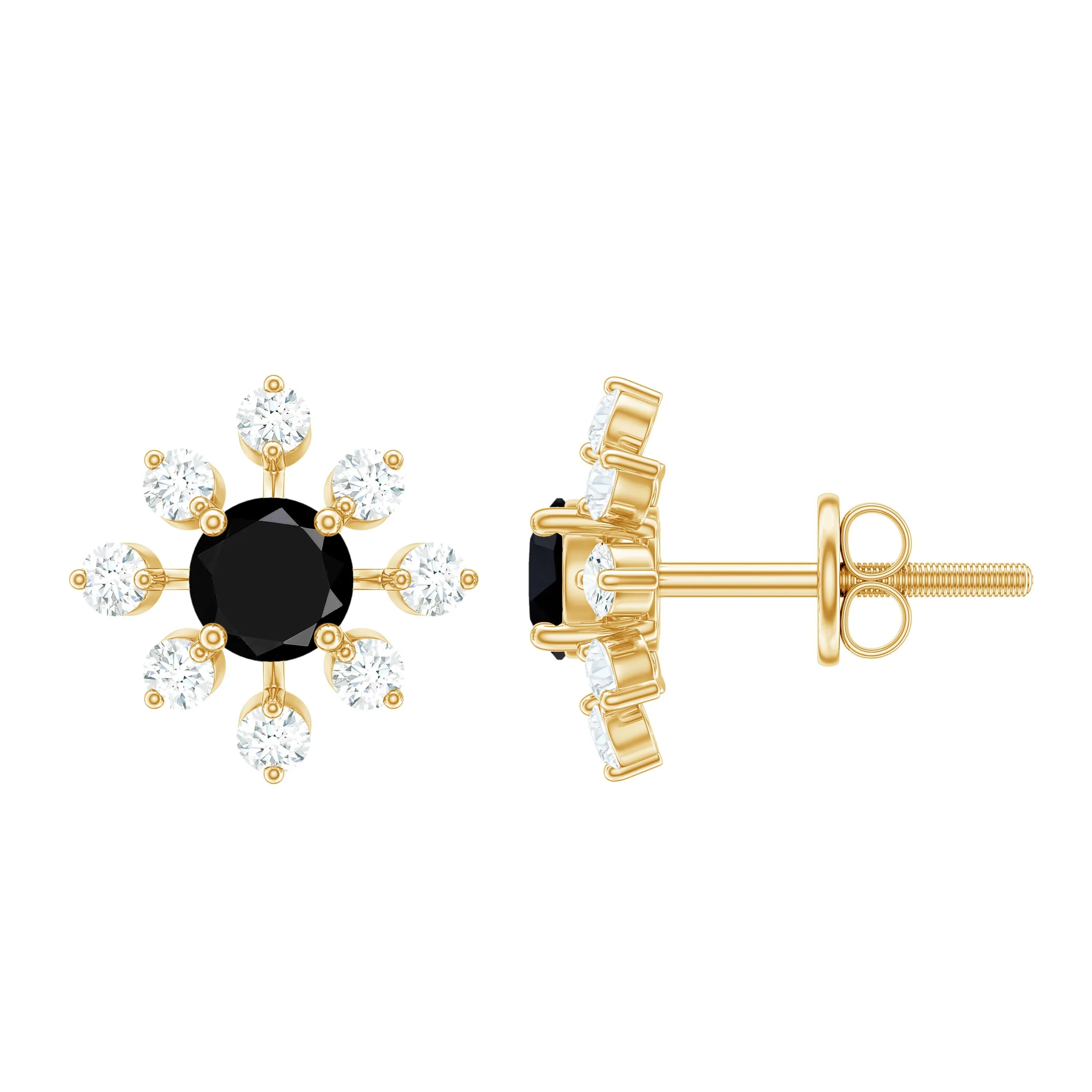 1 CT Black Onyx and Diamond Flower Stud Earrings