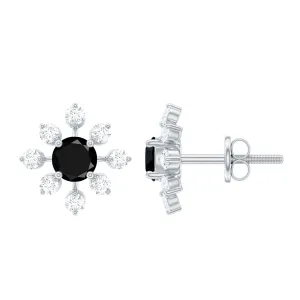 1 CT Black Onyx and Diamond Flower Stud Earrings