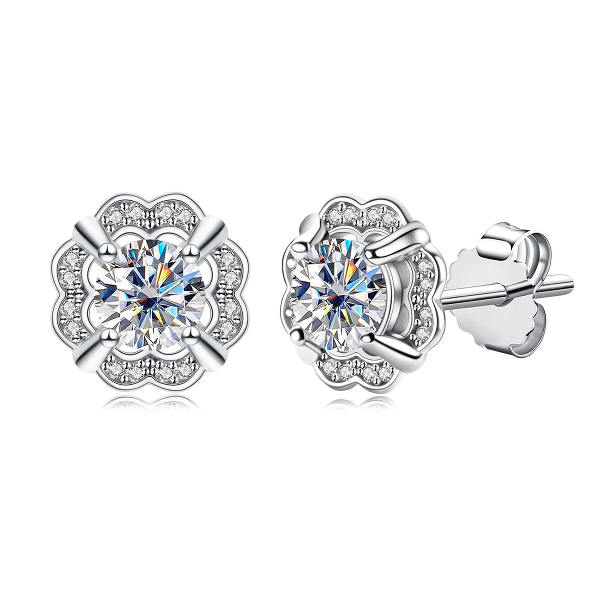 1.0CTTW D Color Moissanite 925 Sterling Silver Charm Flower Stud Earrings