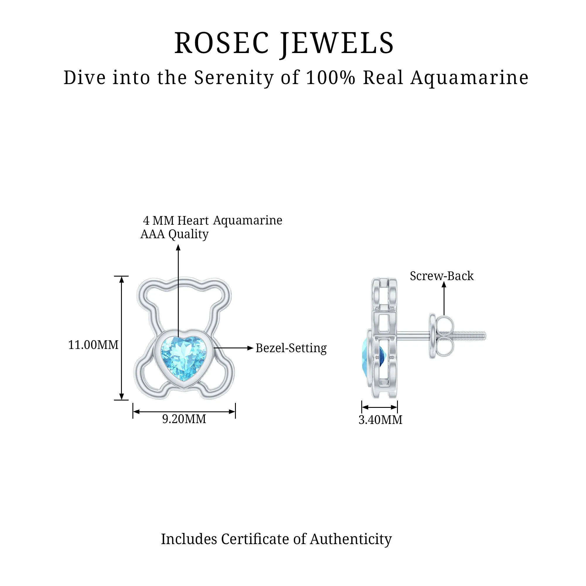 1/2 CT Aquamarine Teddy Bear Stud Earrings