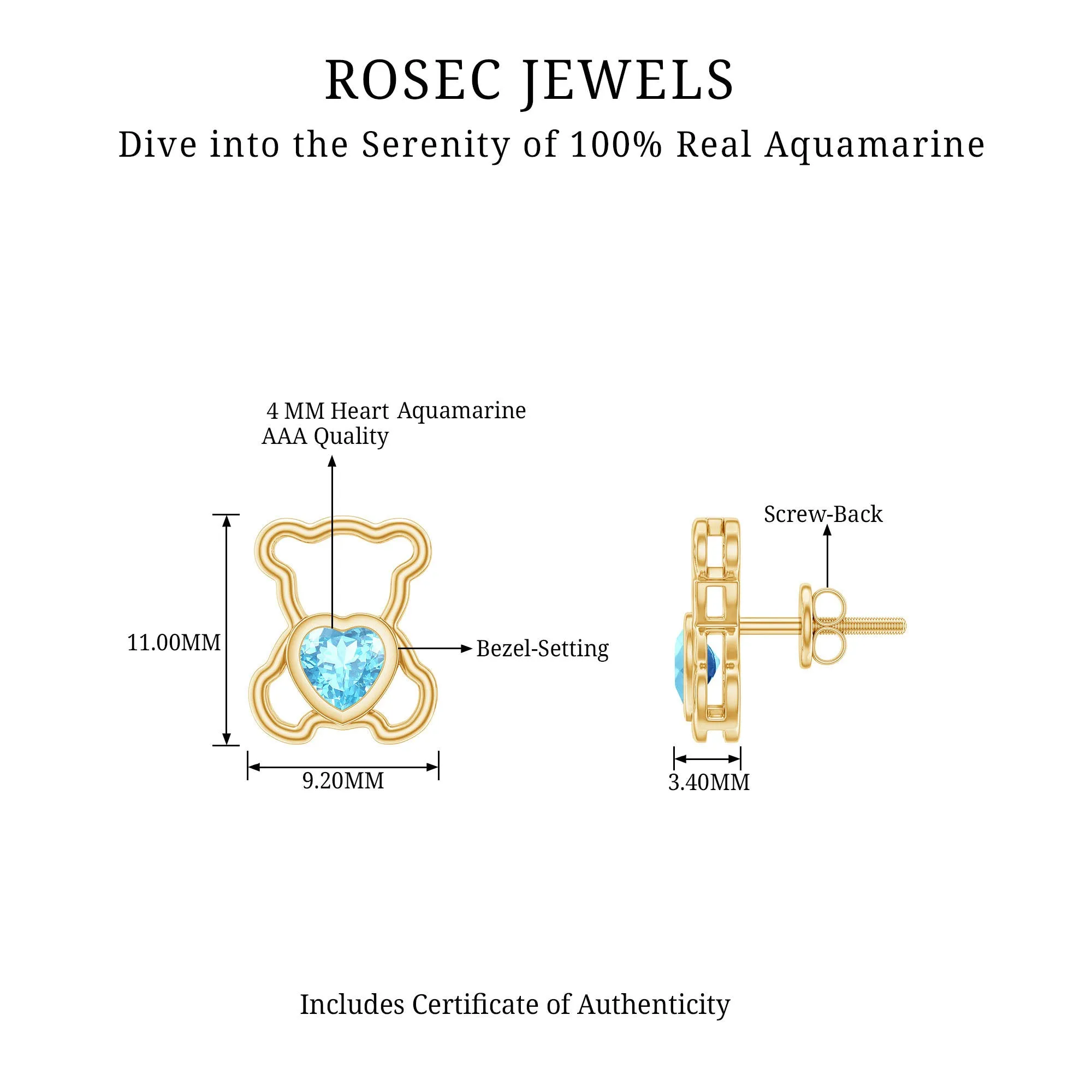 1/2 CT Aquamarine Teddy Bear Stud Earrings