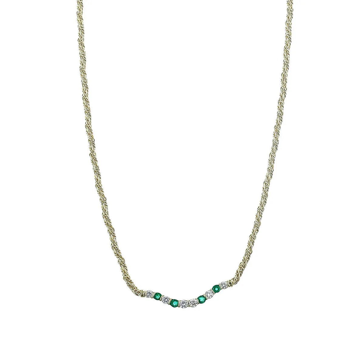 14K Yellow Gold Diamond and Emerald Curved Bar Necklace