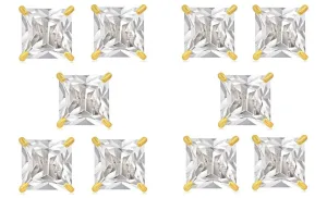 14k Yellow Gold Plated 2Ct Square Cut White Sapphire Set Of Five Stud Earrings
