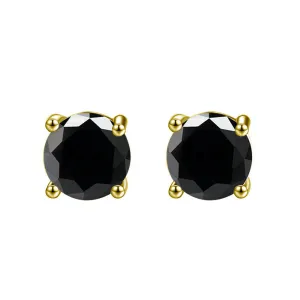 14k Yellow Gold Plated 3 Carat Round Created Black Sapphire Stud Earrings