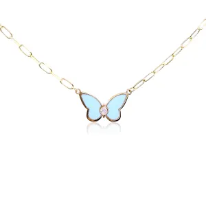 14K YELLOW GOLD TURQUOISE ENAMEL BUTTERFLY NECKLACE