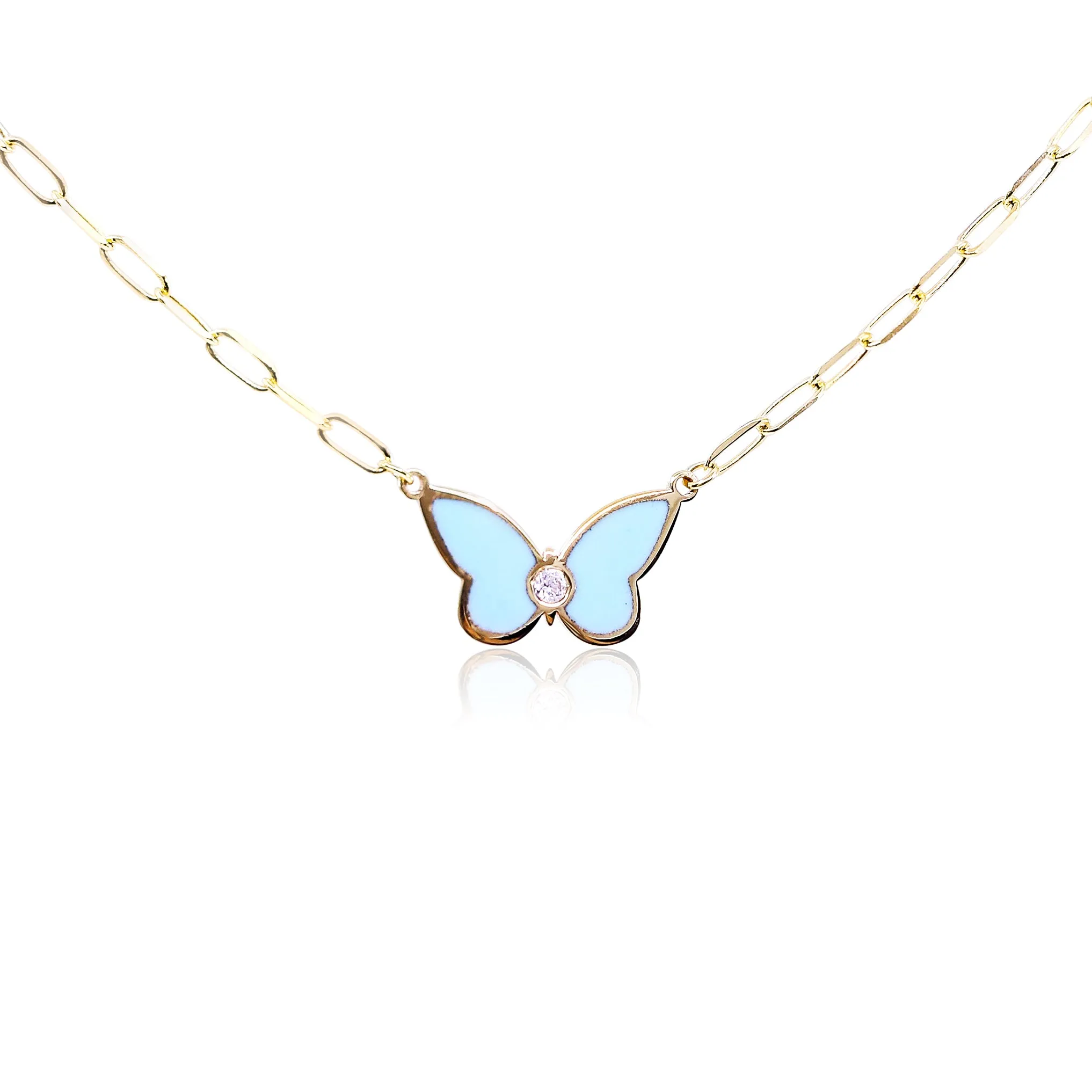 14K YELLOW GOLD TURQUOISE ENAMEL BUTTERFLY NECKLACE
