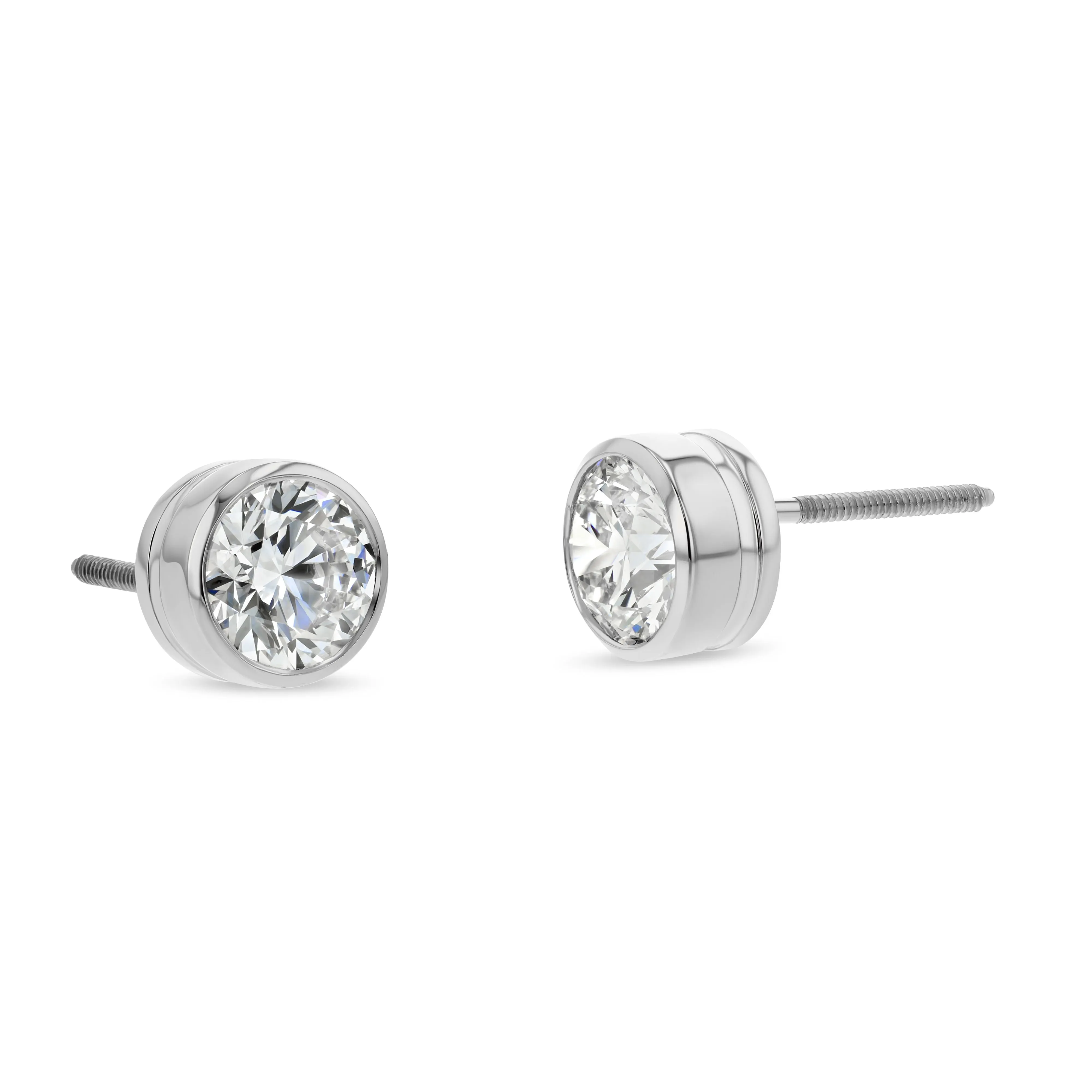 1.50 Carat Total Weight D-F Colorless VS Clarity Ideal Cut IGI Certified Lab Created Round Brilliant Diamond Stud Earrings in 14k White Gold Bezel Set