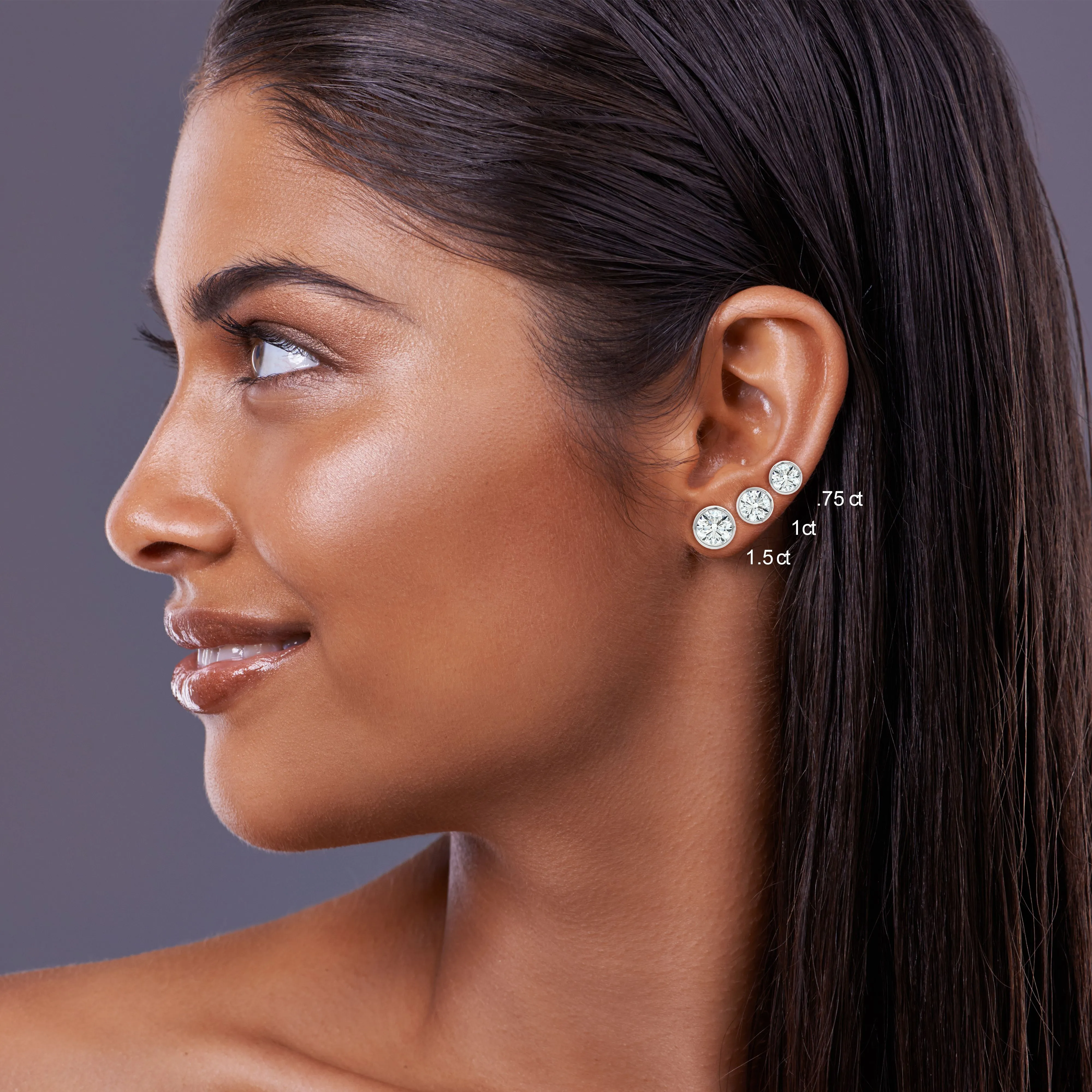 1.50 Carat Total Weight D-F Colorless VS Clarity Ideal Cut IGI Certified Lab Created Round Brilliant Diamond Stud Earrings in 14k White Gold Bezel Set