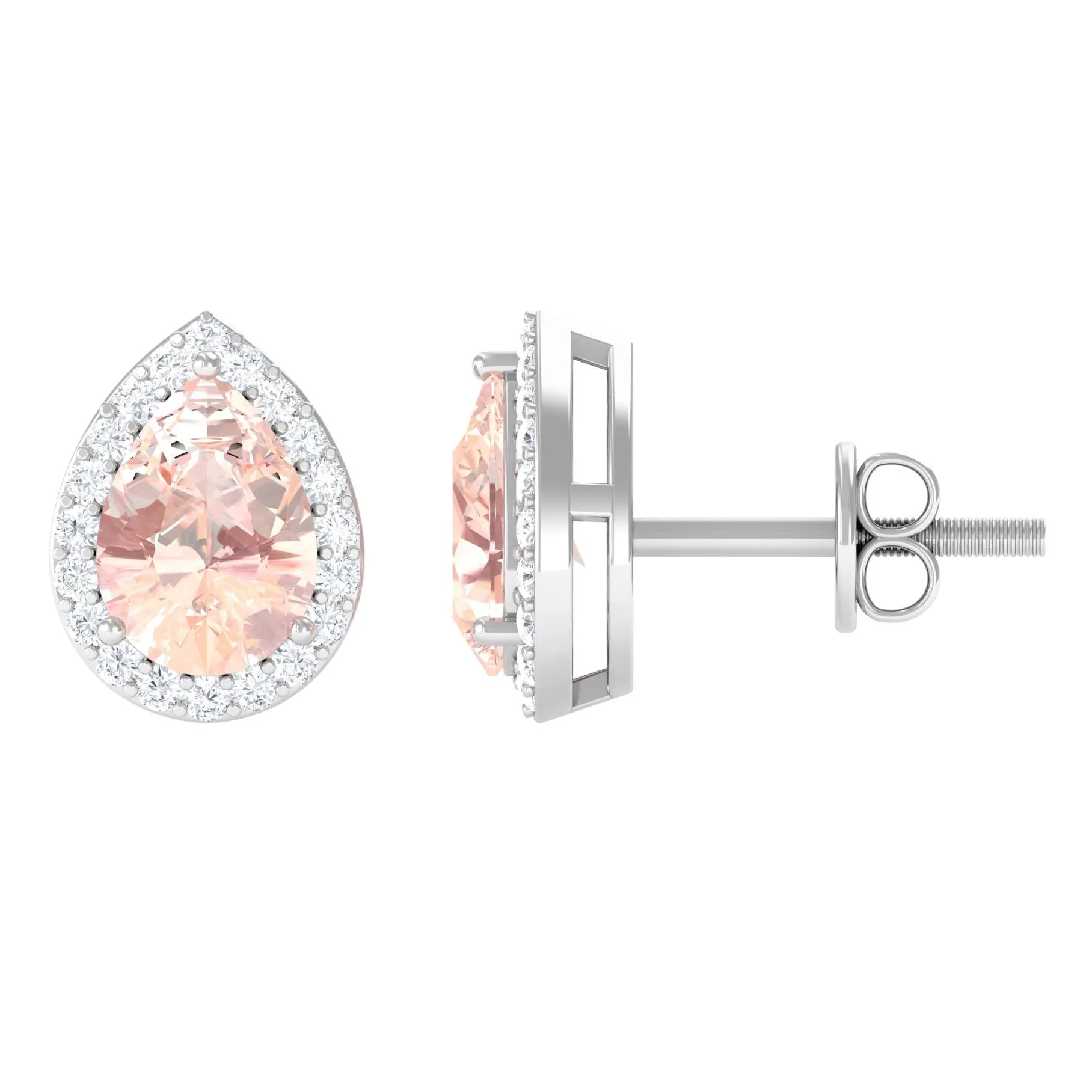 1.50 CT Morganite Teardrop Stud Earrings with Diamond Halo