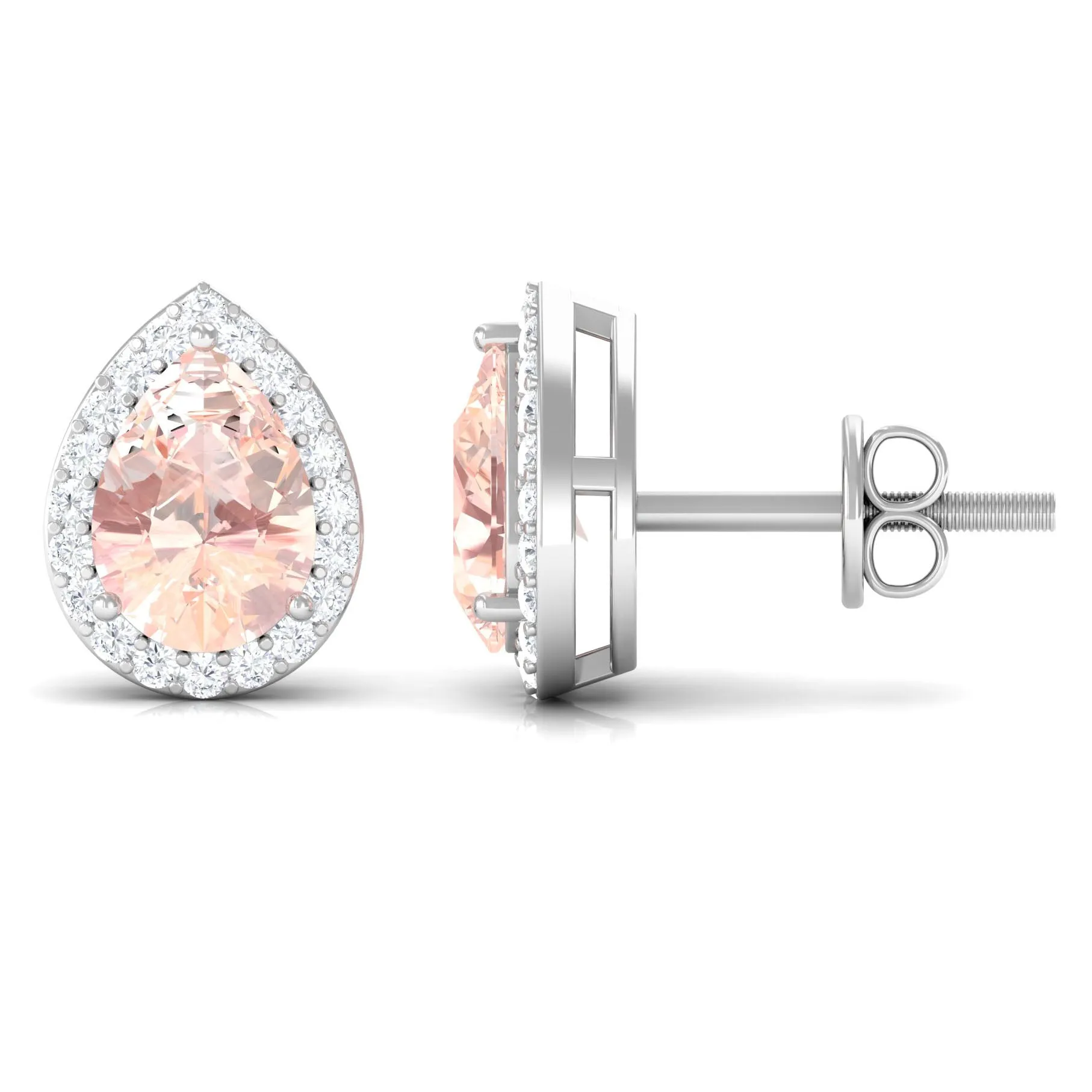 1.50 CT Morganite Teardrop Stud Earrings with Diamond Halo