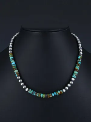 16" Native American Turquoise and Sterling Silver Beaded Necklace