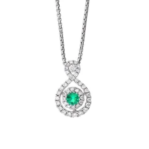 18ct white gold round cut emerald and diamond halo style necklace
