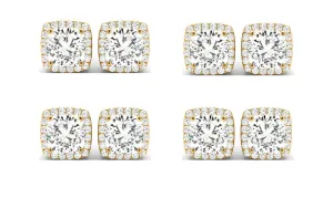 18k Yellow Gold 4mm 2Ct Cushion Cut White Sapphire Set Of Four Halo Stud Earrings Plated