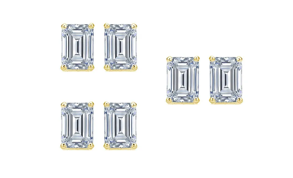 18k Yellow Gold 4mm 3Ct Emerald Cut White Sapphire Set Of Three Halo Stud Earrings Plated