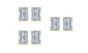 18k Yellow Gold 4mm 3Ct Emerald Cut White Sapphire Set Of Three Halo Stud Earrings Plated
