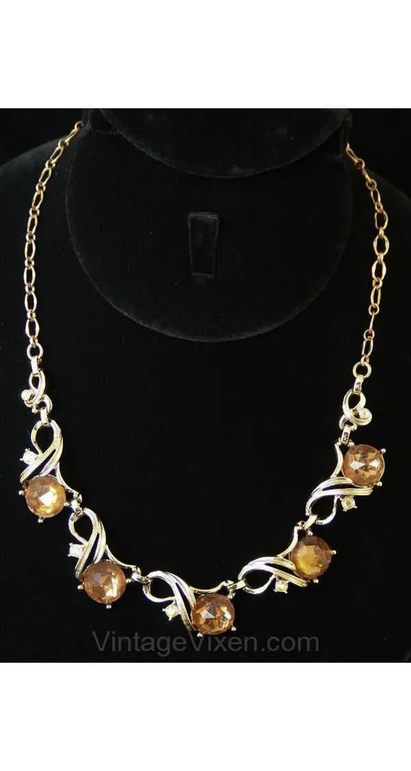 1950s Amber Rhinestone Necklace - Light Brown 1950s Elegant Jewelry - Sarah Coventry - Mid Century - Aurora Borealis - Beautiful - 38407