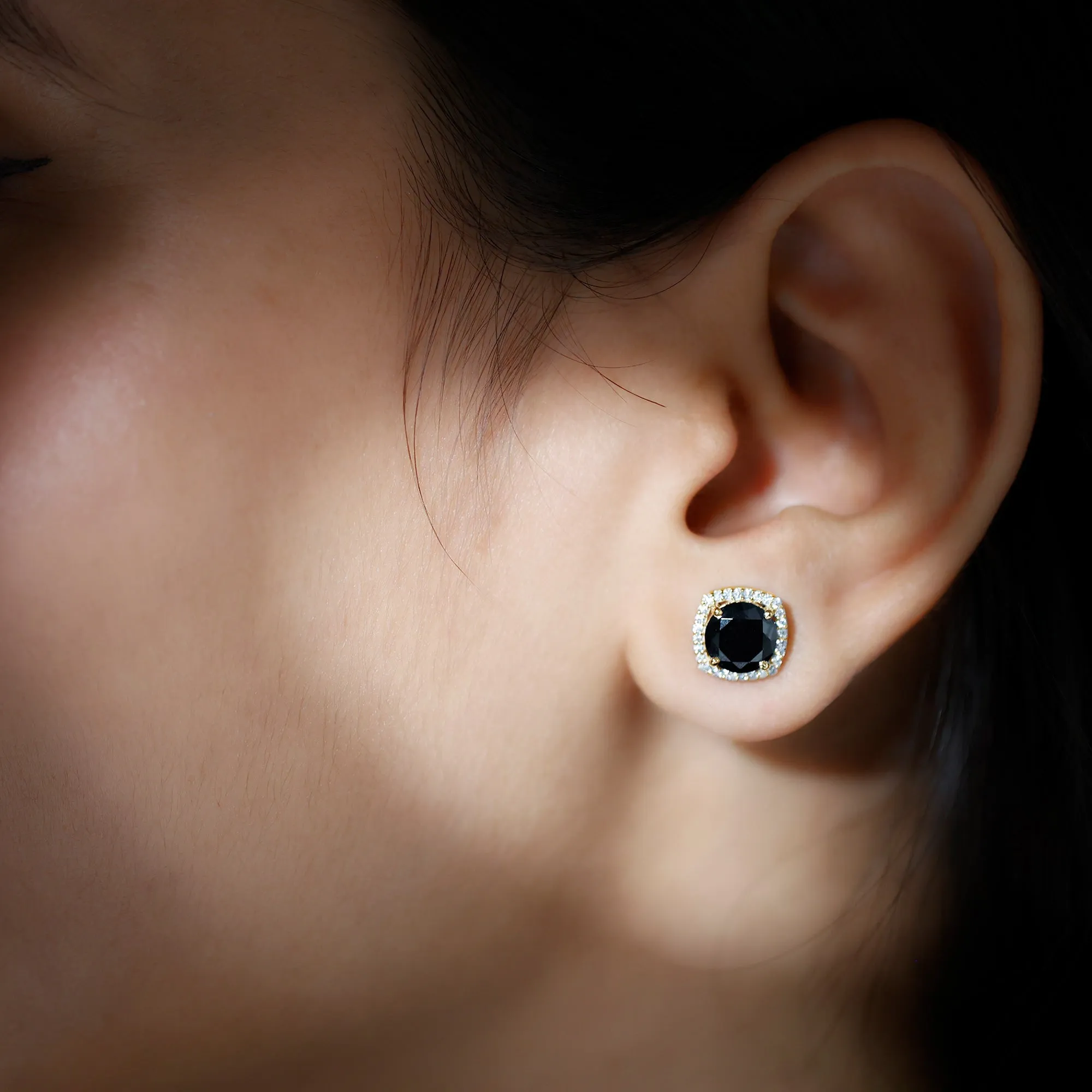 2.50 CT Vintage Black Onyx Stud Earrings with Diamond Halo
