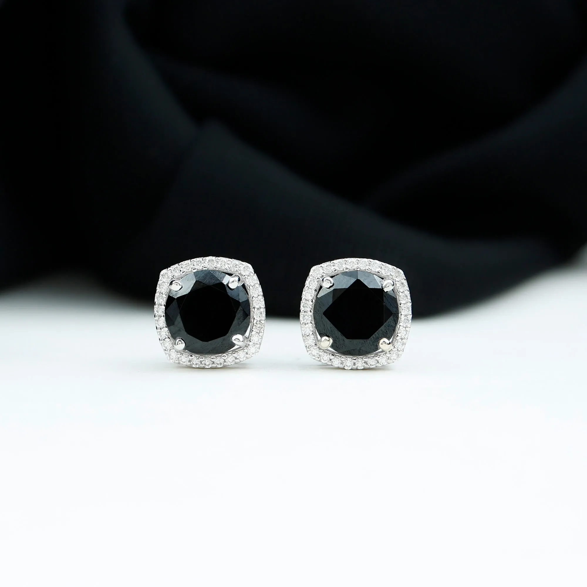 2.50 CT Vintage Black Onyx Stud Earrings with Diamond Halo