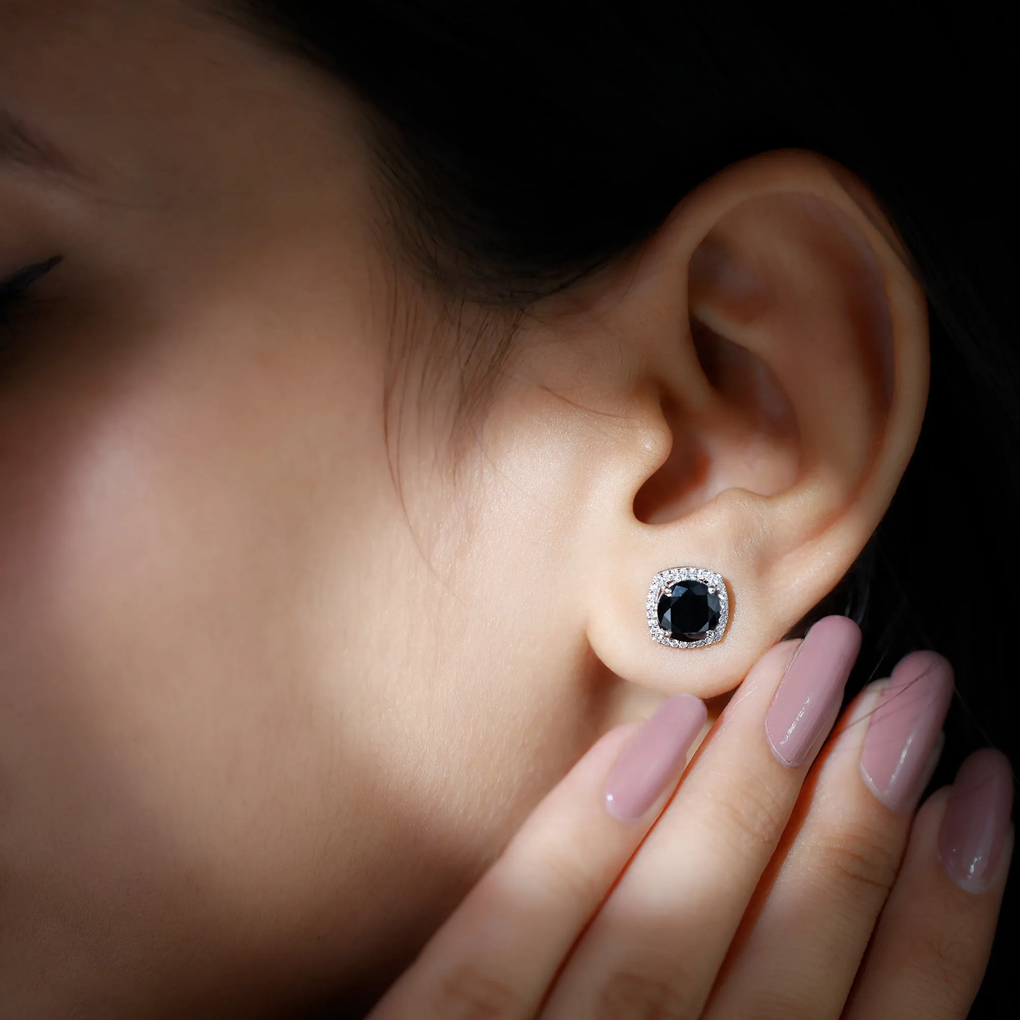 2.50 CT Vintage Black Onyx Stud Earrings with Diamond Halo