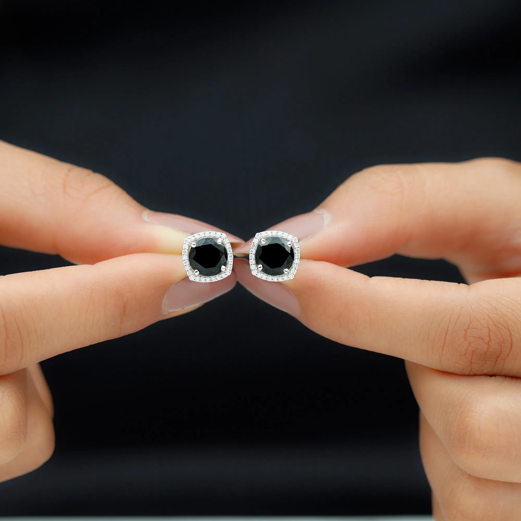 2.50 CT Vintage Black Onyx Stud Earrings with Diamond Halo
