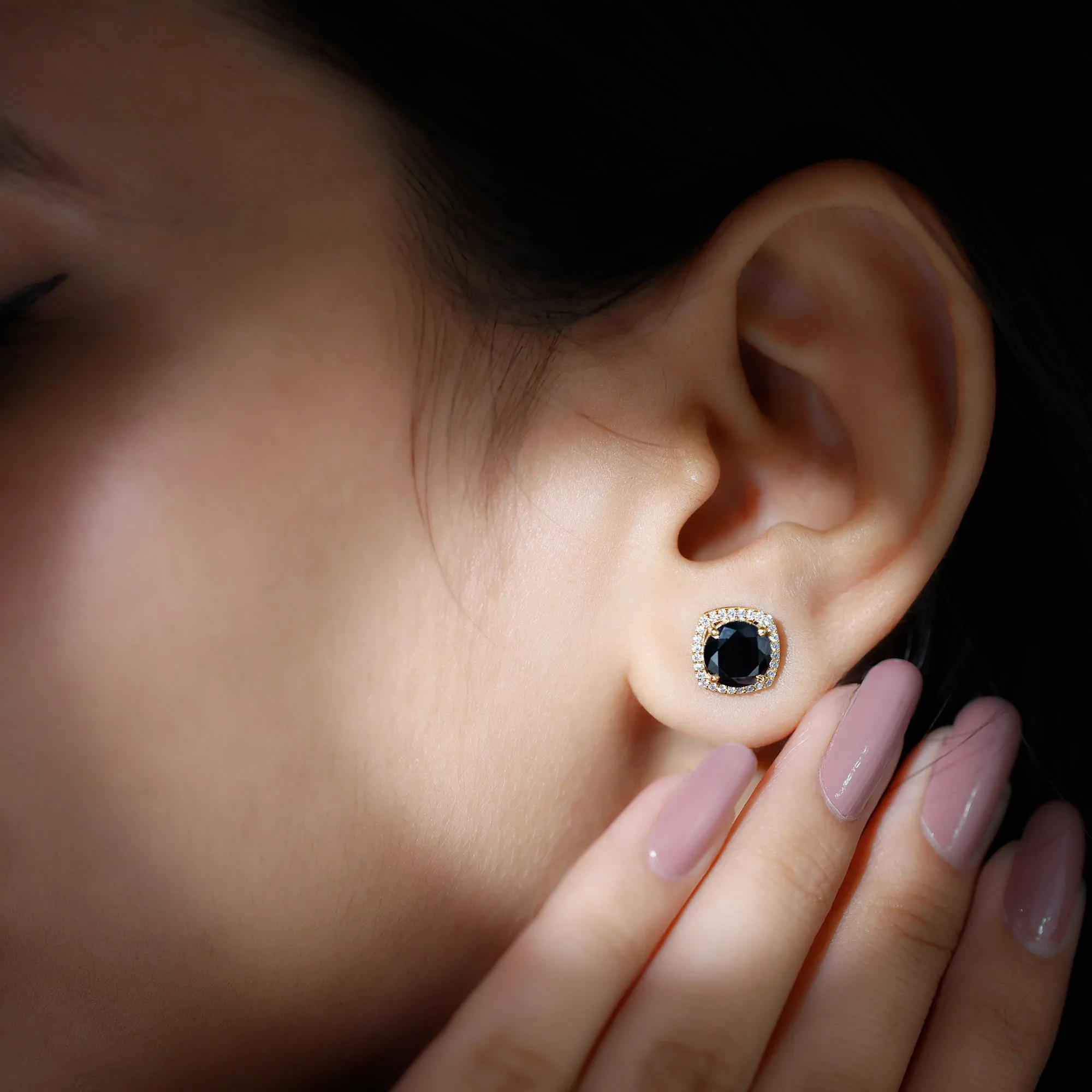 2.50 CT Vintage Black Onyx Stud Earrings with Diamond Halo
