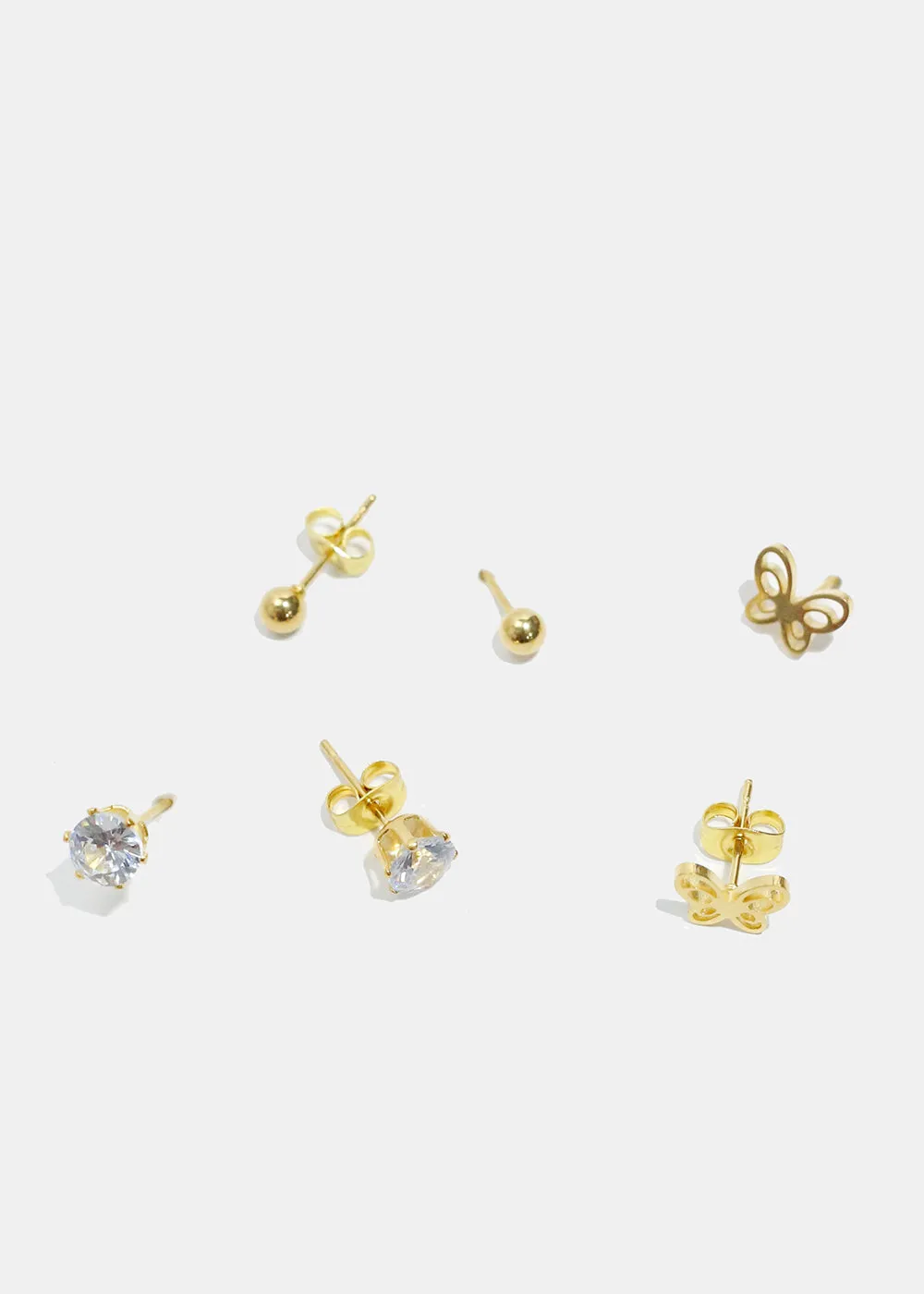 3-Pair Butterfly & Gemstone Stud Earrings