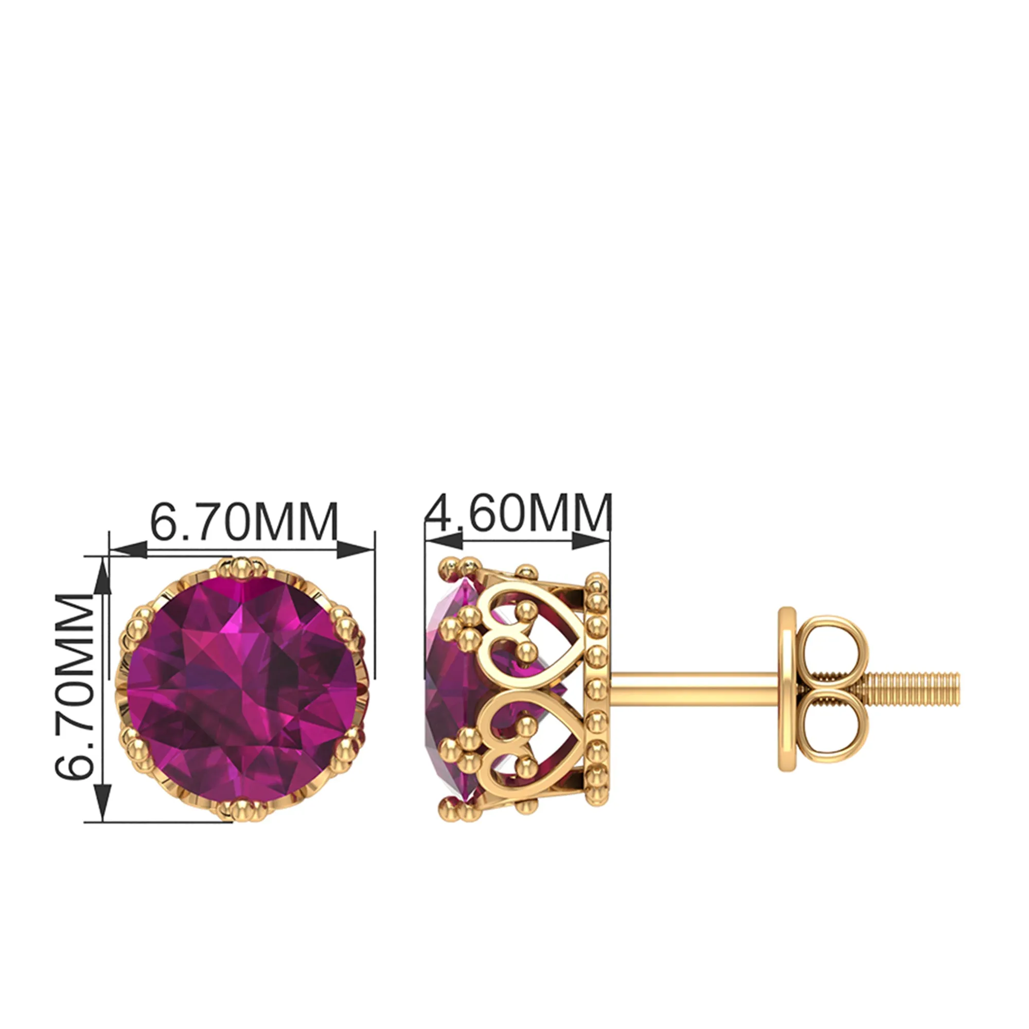 6 MM Rhodolite Solitaire Crown Stud Earrings