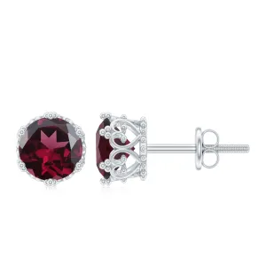 6 MM Rhodolite Solitaire Crown Stud Earrings