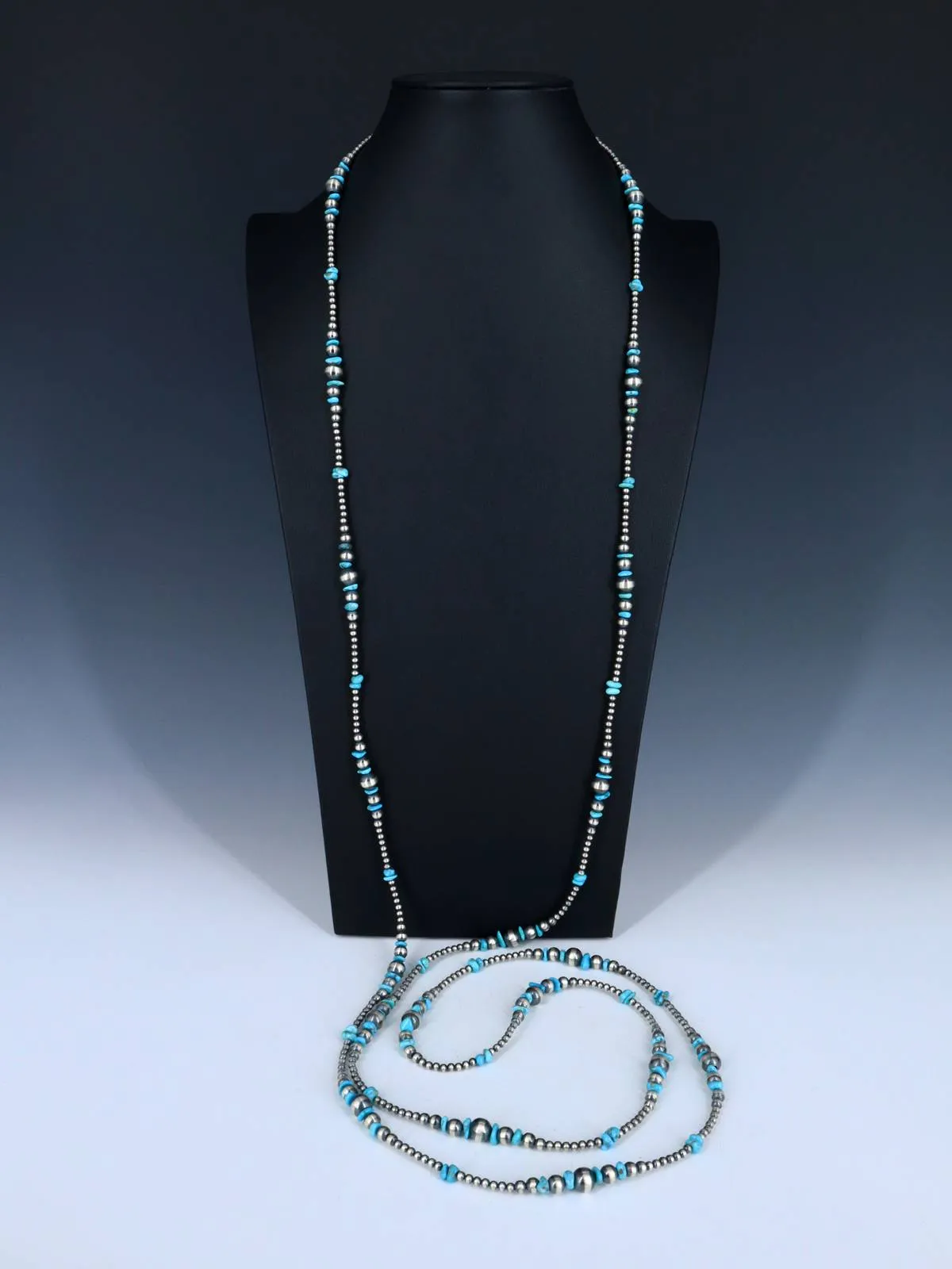 72" Native American Turquoise and Sterling Silver Beaded Necklace
