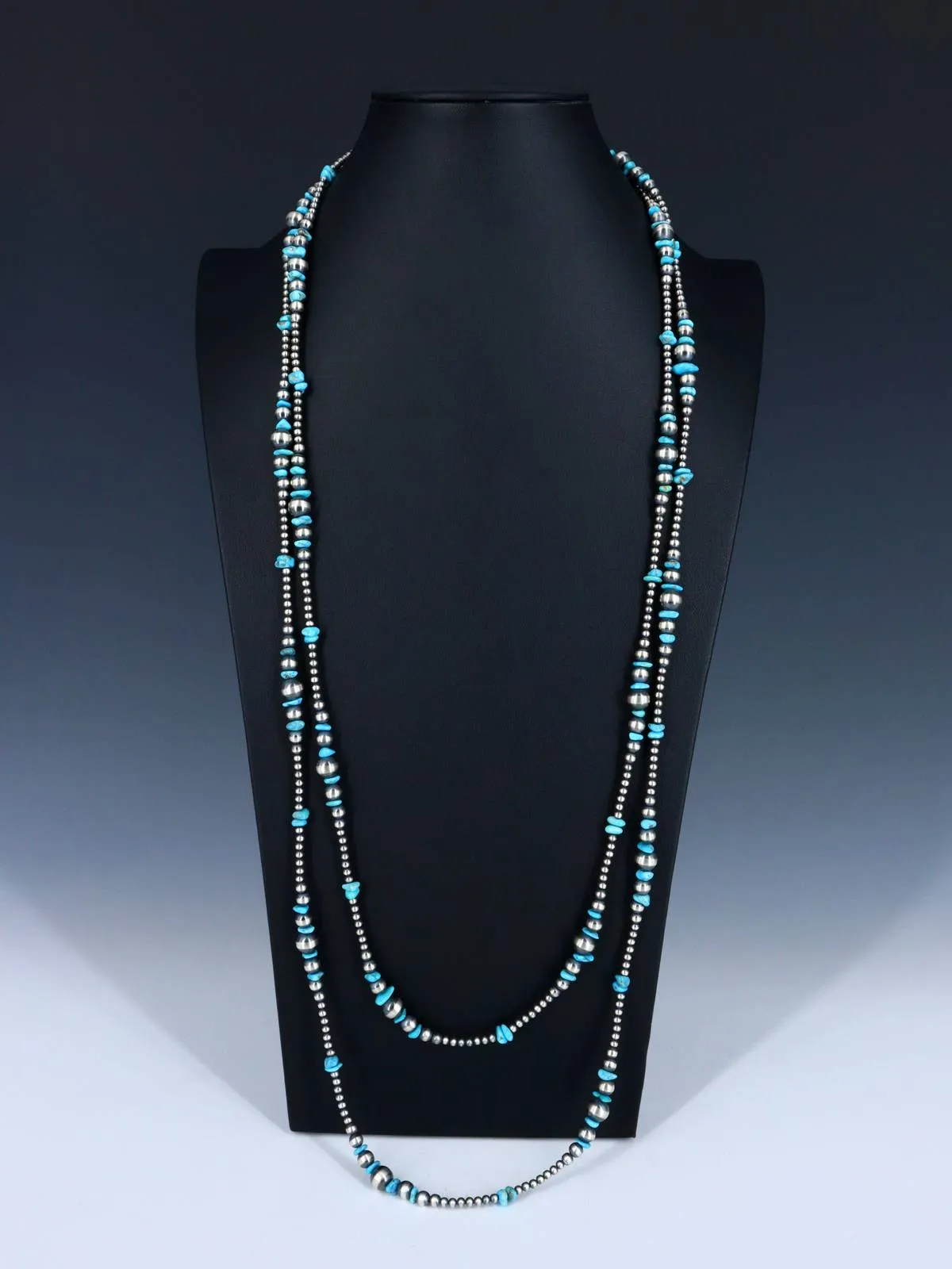 72" Native American Turquoise and Sterling Silver Beaded Necklace