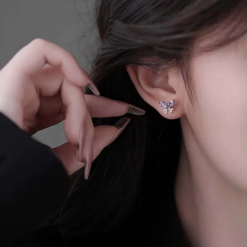 925 Silver Purple Zirconia Butterfly Earrings