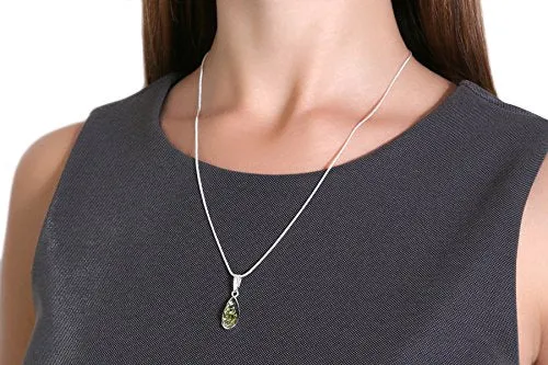 925 Sterling Silver Teardrop Necklace with Natural Baltic Green Amber. Gemstone Pendant for Girls, Teens, Women. 20" Snake Chain Included