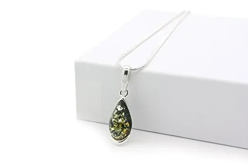 925 Sterling Silver Teardrop Necklace with Natural Baltic Green Amber. Gemstone Pendant for Girls, Teens, Women. 20" Snake Chain Included