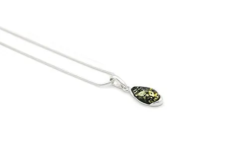 925 Sterling Silver Teardrop Necklace with Natural Baltic Green Amber. Gemstone Pendant for Girls, Teens, Women. 20" Snake Chain Included