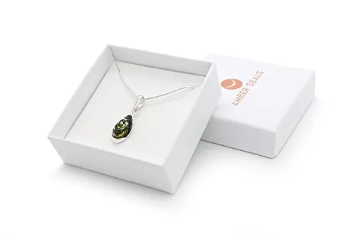 925 Sterling Silver Teardrop Necklace with Natural Baltic Green Amber. Gemstone Pendant for Girls, Teens, Women. 20" Snake Chain Included