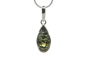 925 Sterling Silver Teardrop Necklace with Natural Baltic Green Amber. Gemstone Pendant for Girls, Teens, Women. 20" Snake Chain Included