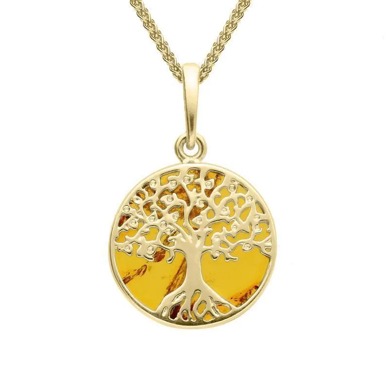 9ct Yellow Gold Amber Small Round Tree of Life Two Piece Set