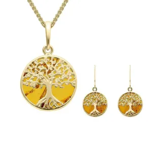 9ct Yellow Gold Amber Small Round Tree of Life Two Piece Set