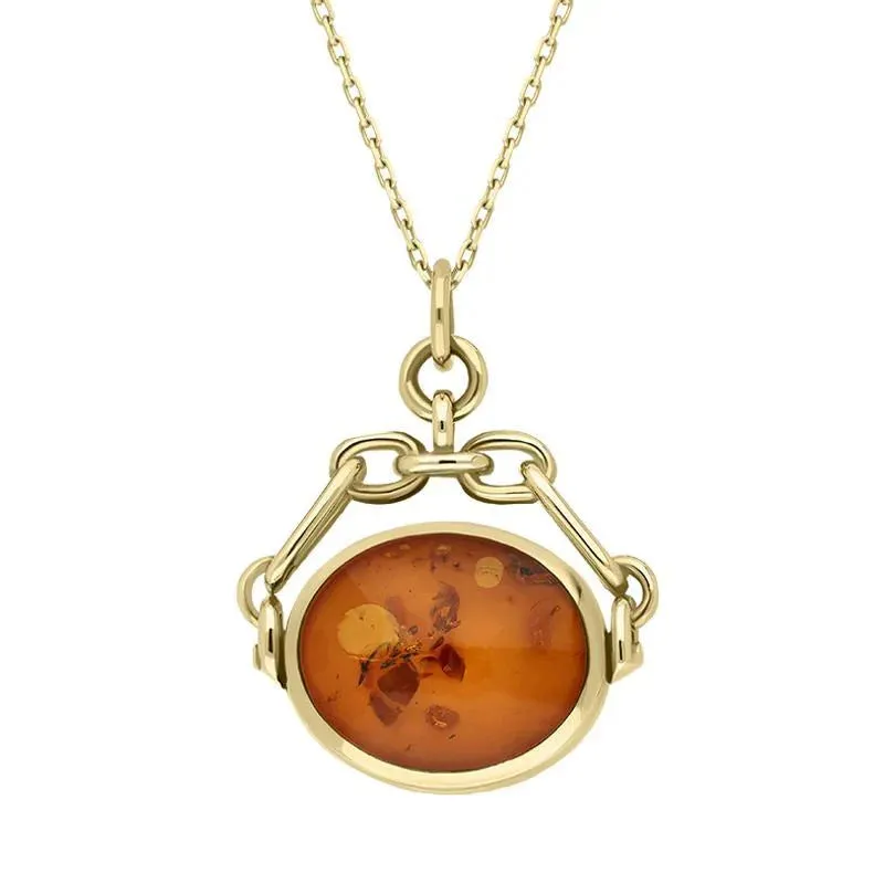 9ct Yellow Gold Whitby Jet Amber Double Sided Swivel Fob Necklace