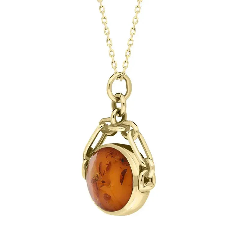 9ct Yellow Gold Whitby Jet Amber Double Sided Swivel Fob Necklace