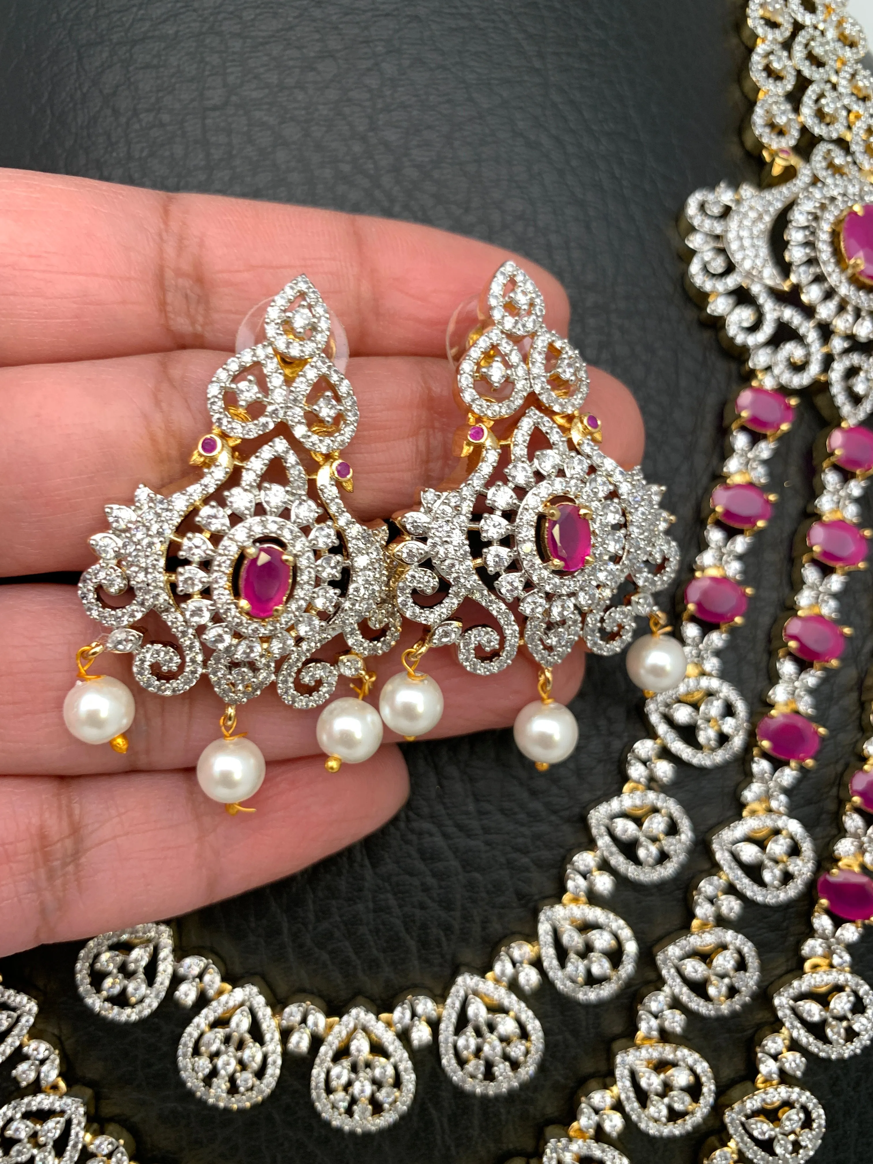 AD Ruby Pink Stone Multi Layer Long Necklace