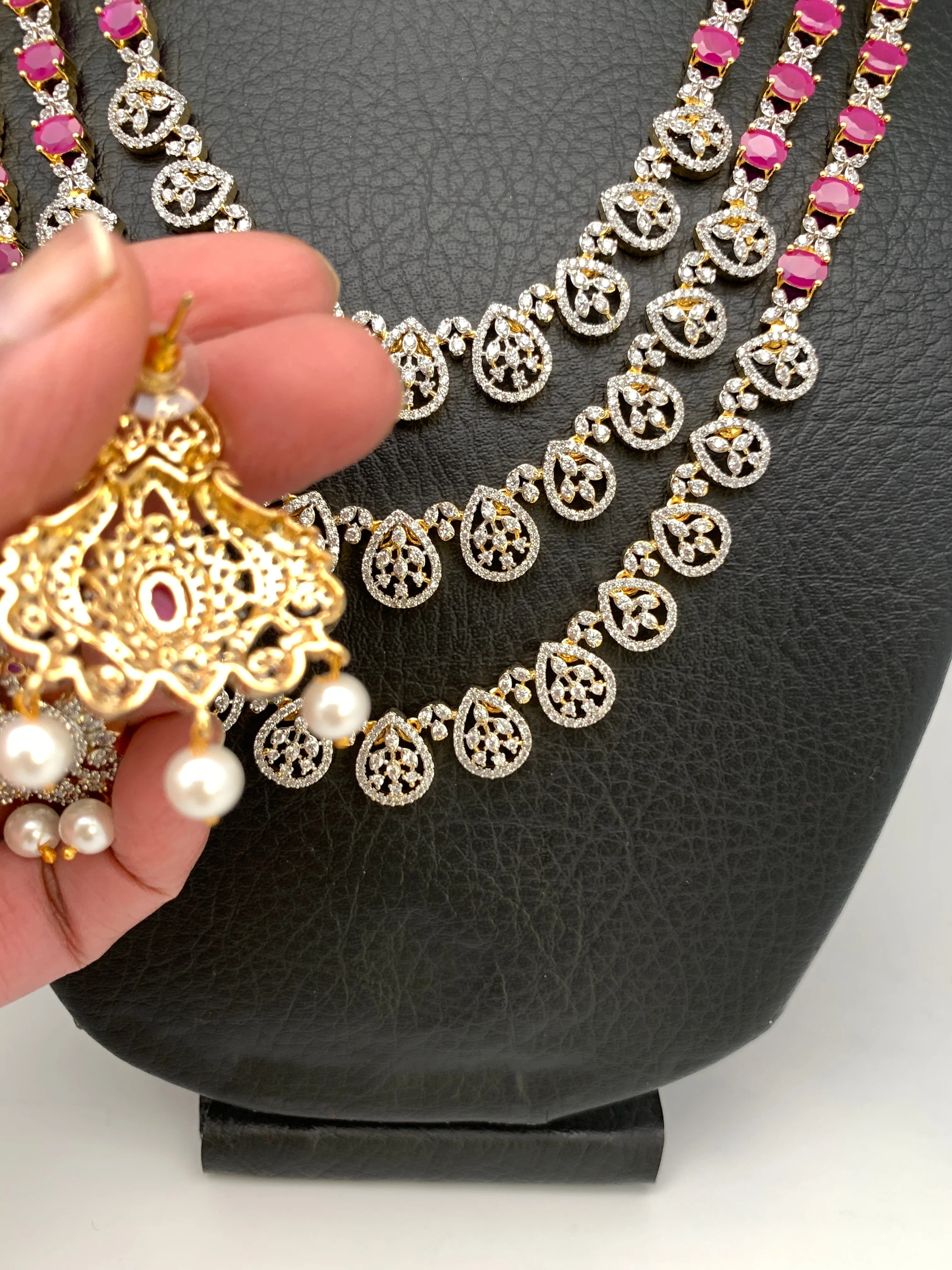 AD Ruby Pink Stone Multi Layer Long Necklace