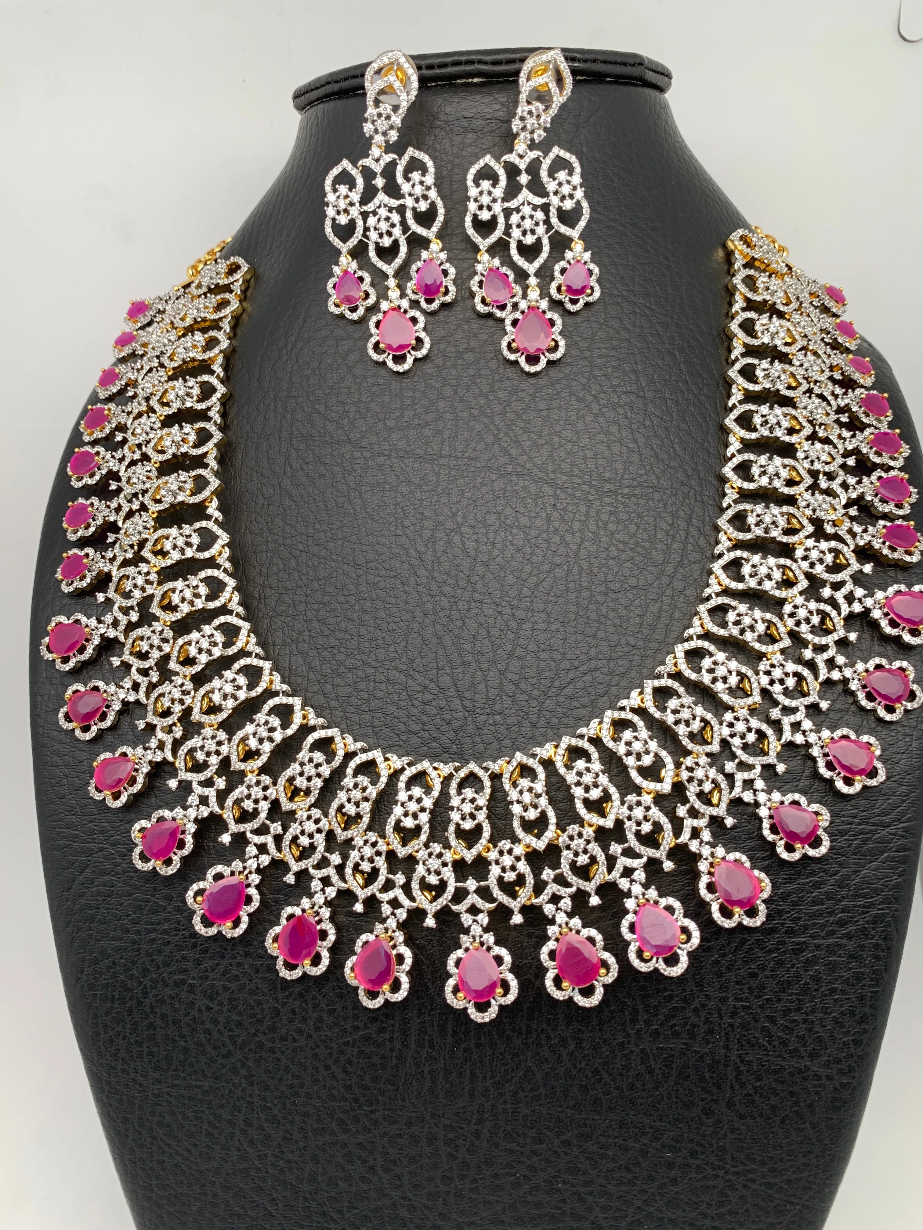 AD Ruby Red Stone Broad Design U Shape Medium Short Necklace