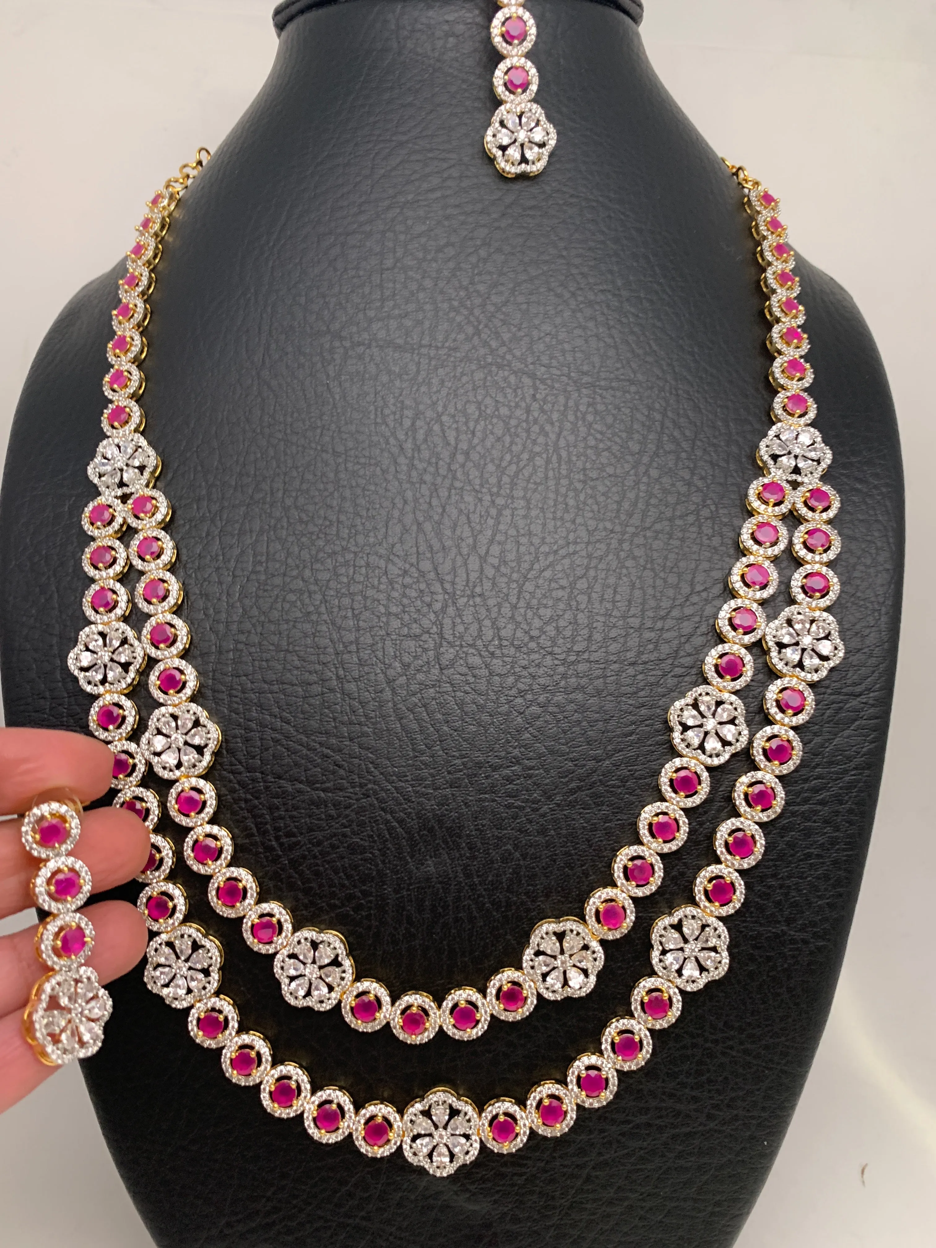 AD Ruby Red Stone Double Layer Long Necklace