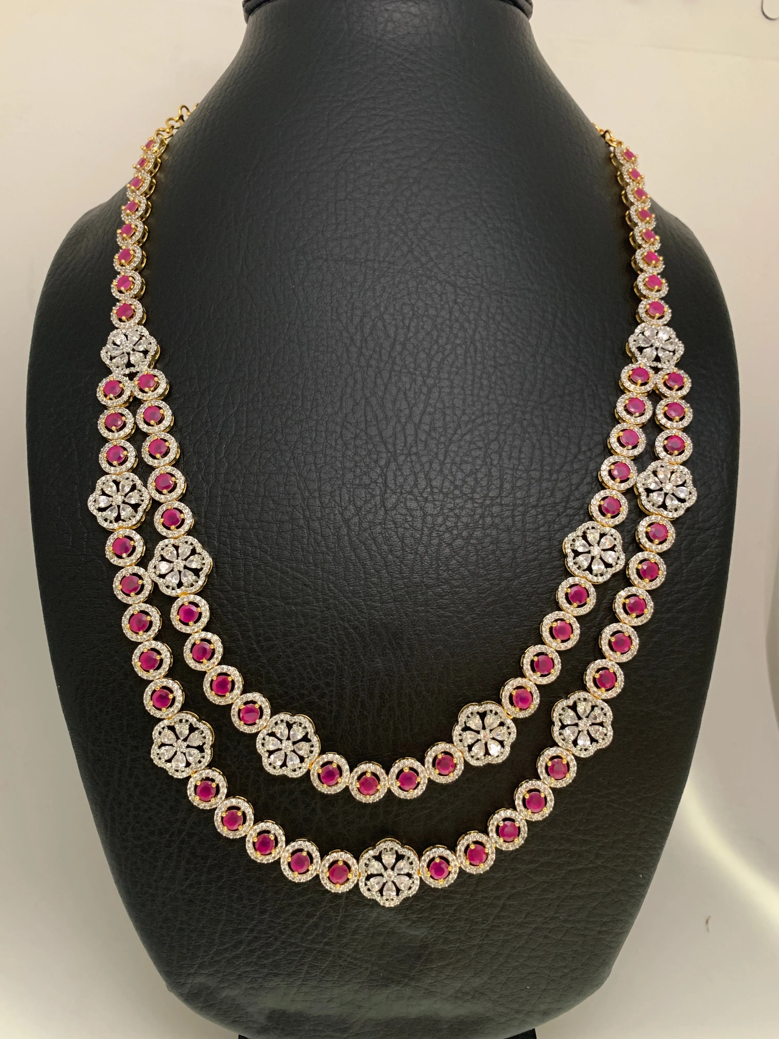 AD Ruby Red Stone Double Layer Long Necklace