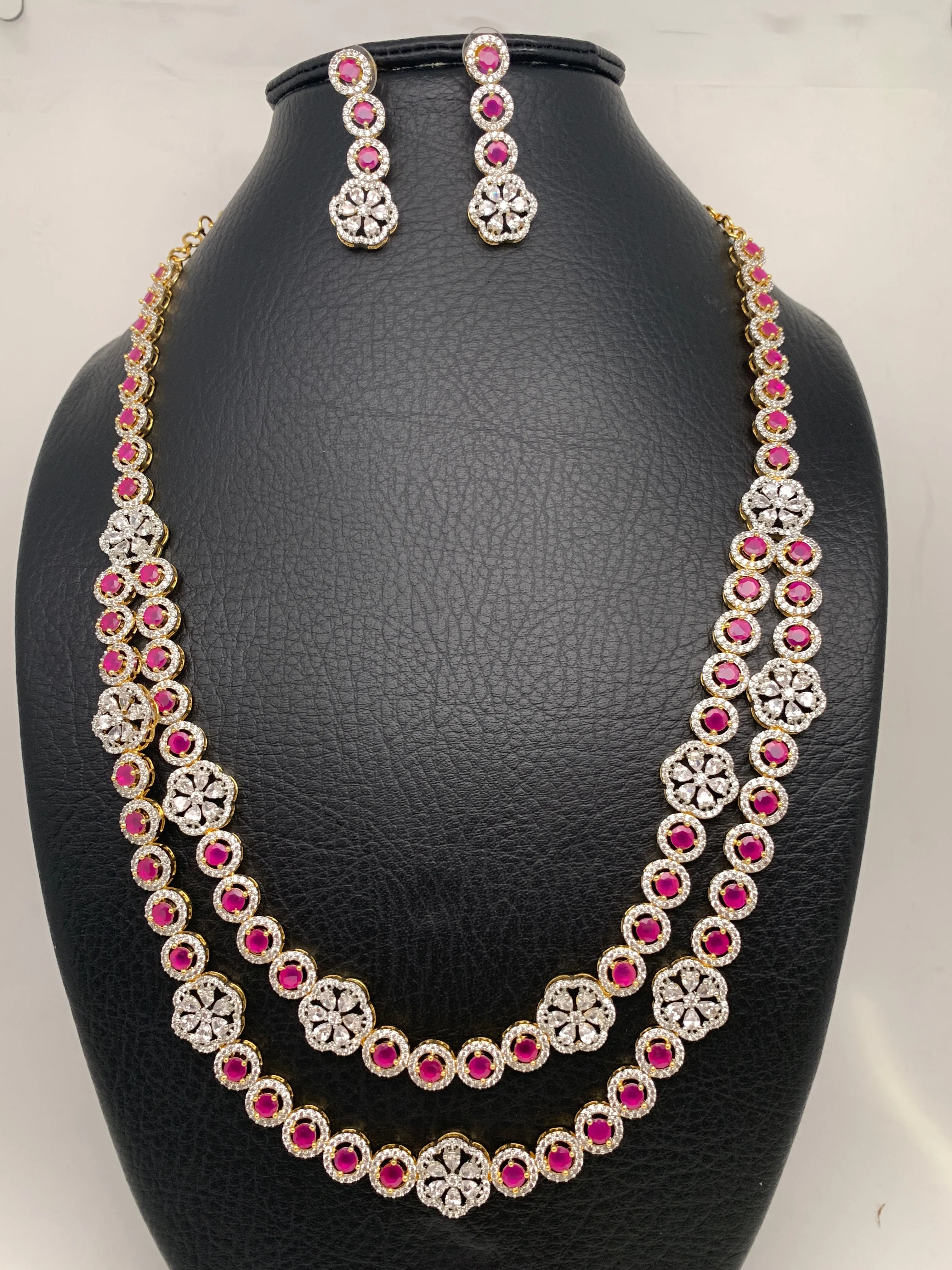 AD Ruby Red Stone Double Layer Long Necklace