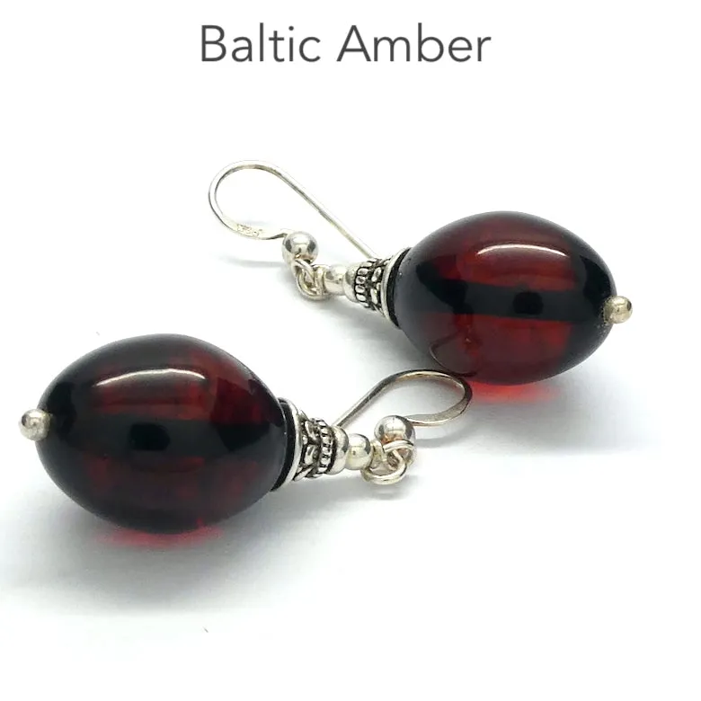 Amber Earrings, Baltic Dark Hand Polished Beads, 925 Silver